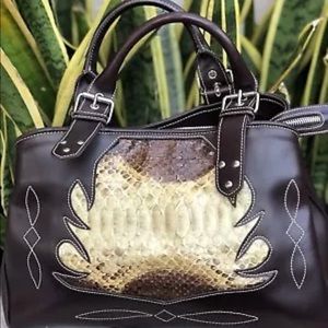 Stefani Bravo Brown Embroidery Leather Bag Purse Alligator Reptile Italy Vintage